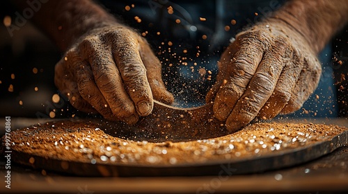 A farrier using a rasp to fine-tune the fit of a new horseshoe, with dust flying