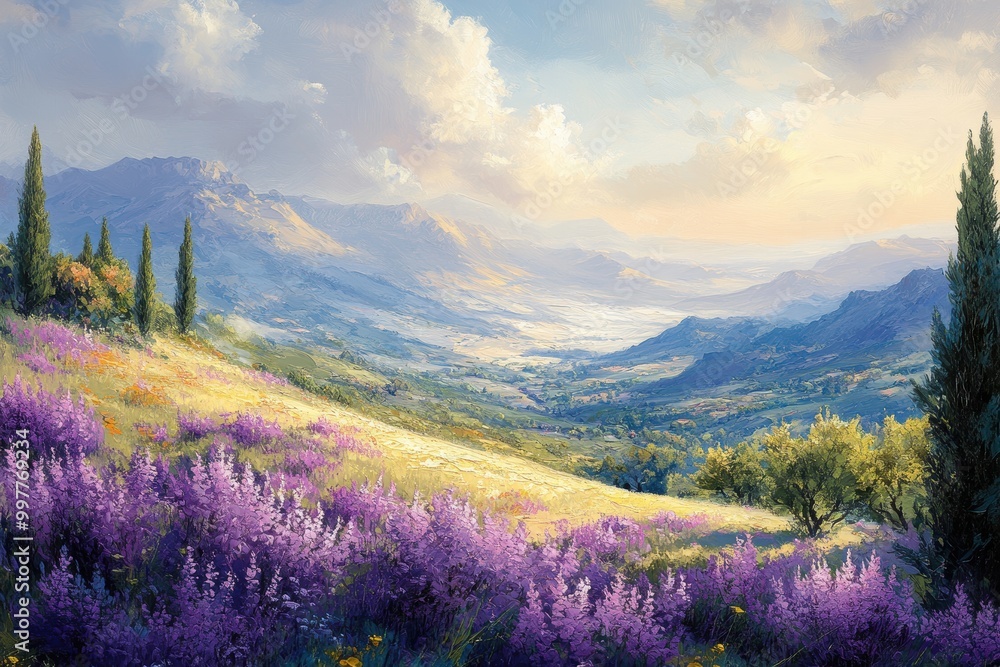 Scenic Mountain Landscape with Purple Wildflowers Scenic Mountain Landscape with Purple Wildflowers