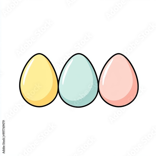 Three beautifully colored eggs in pastel shades sit on a white background, showcasing a minimalist flat design style ideal for seasonal celebrations