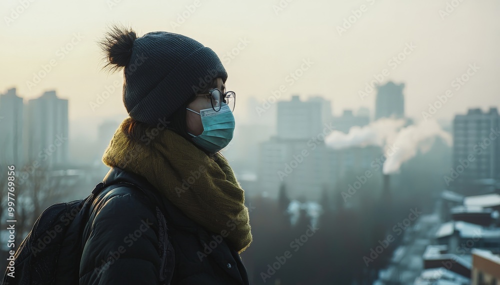 a person wearing a face mask in a smog filled city - concept of air polution a person wearing a face mask in a smog filled city - concept of air polution