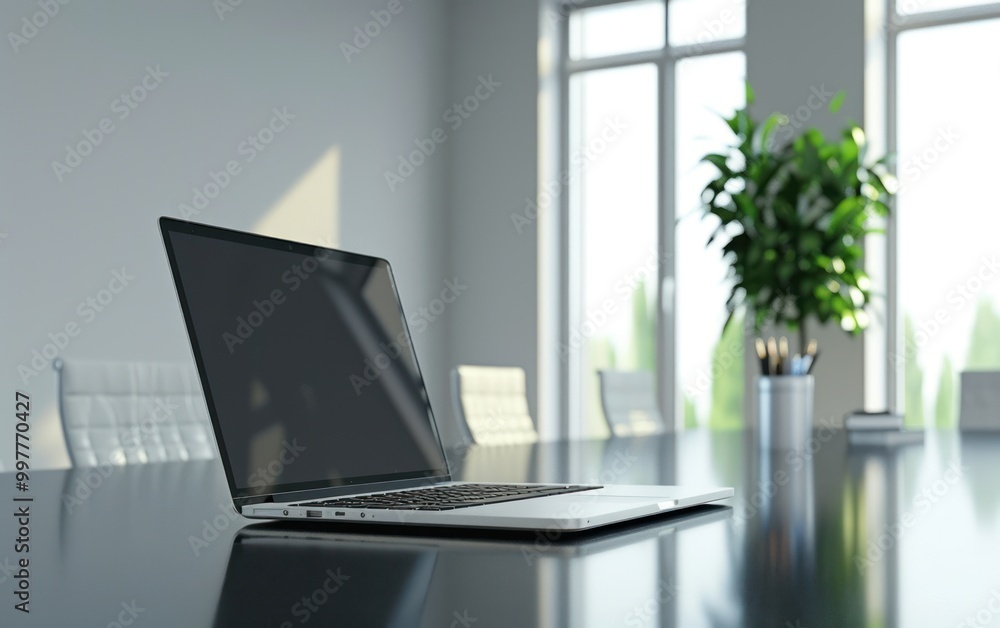 Laptop on a conference room table with a modern interior. Office and business concept. Laptop on a conference room table with a modern interior. Office and business concept.