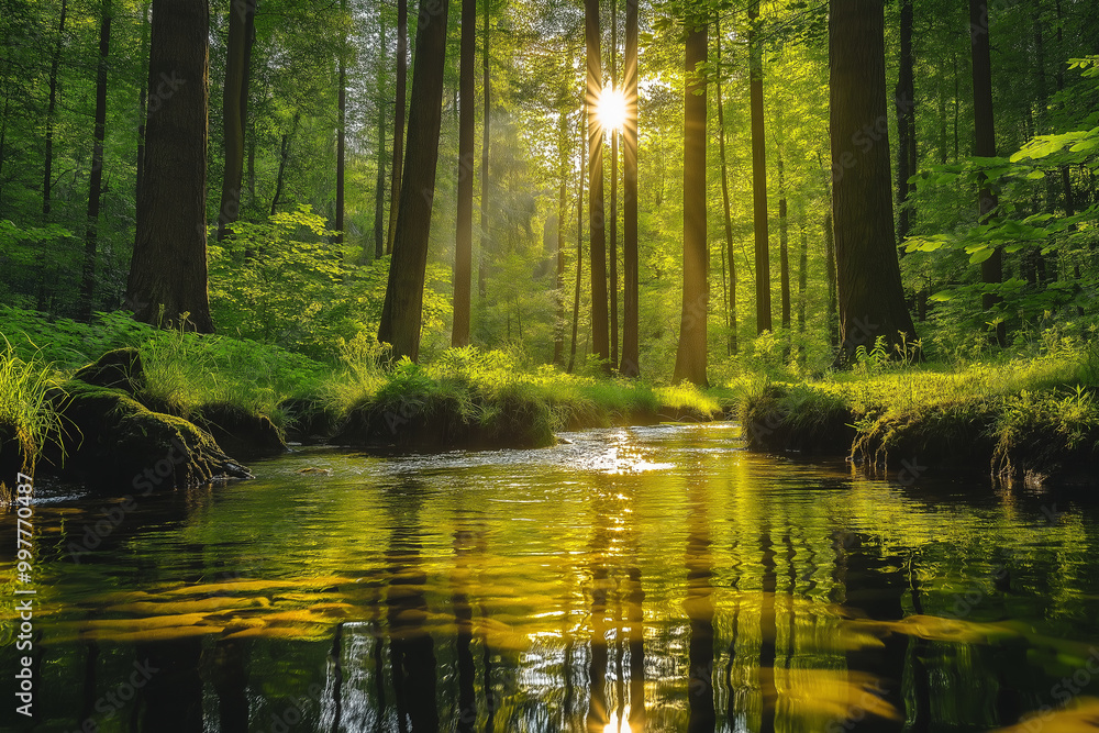 Lush forest with a serene stream and sunlight filtering through the trees. Lush forest with a serene stream and sunlight filtering through the trees.