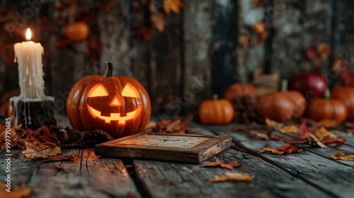 A festive Halloween scene featuring a carved pumpkin, flickering candle, and autumn leaves on a rustic wooden table.