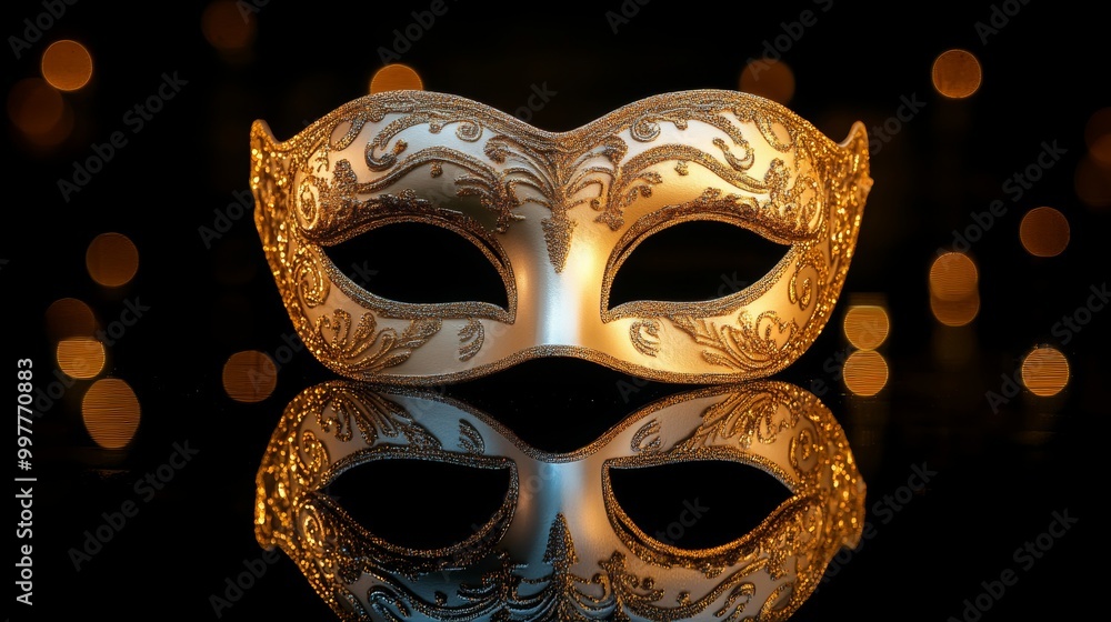 Golden carnival mask with elaborate filigree design, set against a black mirror surface, reflecting a soft glow from surrounding lights, mysterious and elegant Golden carnival mask with elaborate filigree design, set against a black mirror surface, reflecting a soft glow from surrounding lights, mysterious and elegant