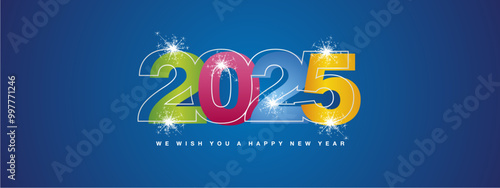 Happy New Year 2025 colourful greeting card design template on blue background. New Year 2024 concept with neon light line sparkler firework on blue background