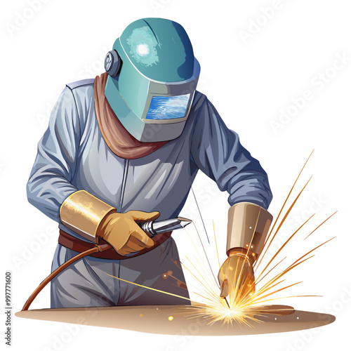 Weld icon welder work with tool and sparks vector image, isolated on white background
