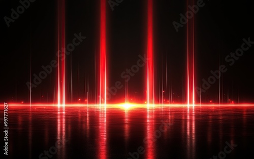 Red sound waves on black background, red spectrum of lights, red glowing line