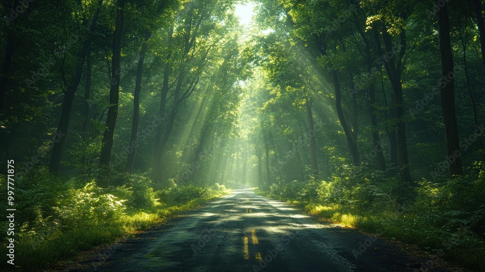 Obraz premium Sunlight filters through trees on a peaceful forest road.