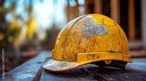 Helmet in bright yellow resting on table, steel frame house construction blurred in the background, clean composition, high-contrast, warm afternoon