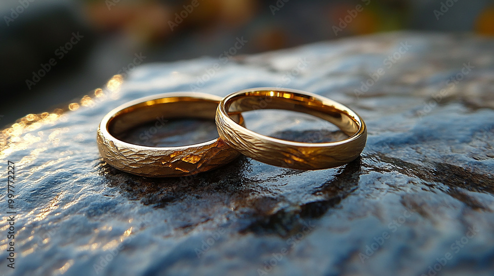 close-up shot of two gold wedding rings resting on textured fabric, symbolizing eternal love, commitment, and the sacred bond of marriage, highlighting the timeless significance of union close-up shot of two gold wedding rings resting on textured fabric, symbolizing eternal love, commitment, and the sacred bond of marriage, highlighting the timeless significance of union