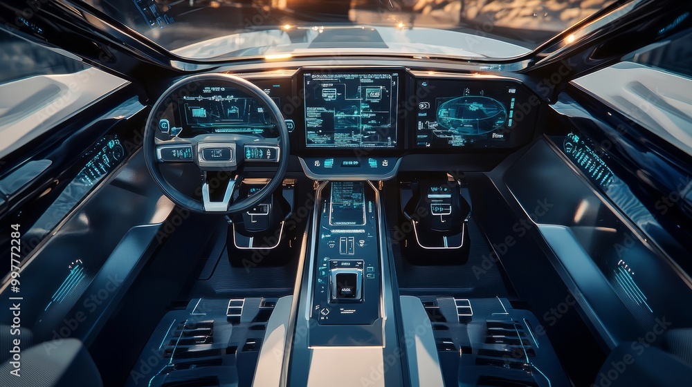 Fototapeta premium Cockpit of the autonomous car concept. Driverless car. Self-driving vehicle. UGV
