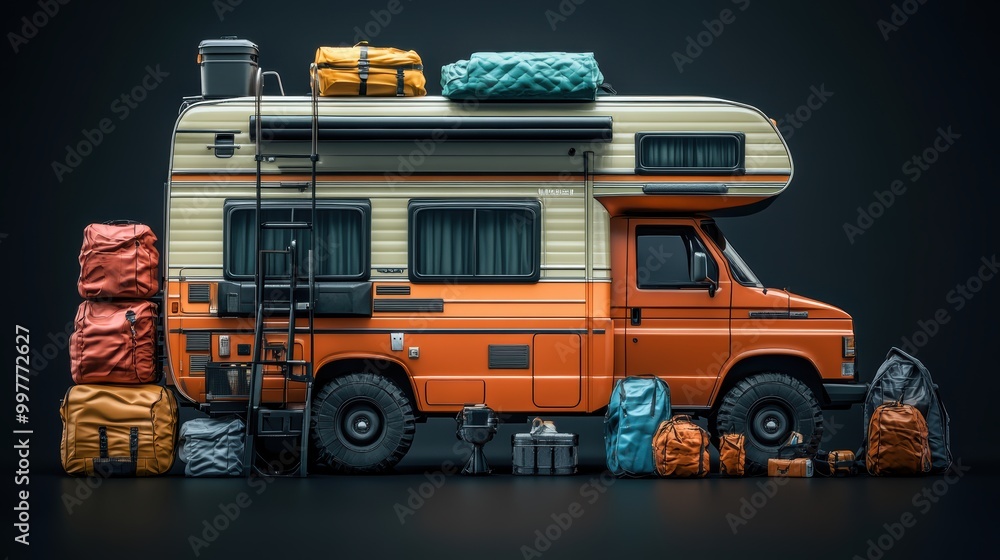 Photography of Camping Equipment of Traveler with Motorhome 16 pieces with vibrant colors on a black background. 3D render realistic. for stock photo. Photography of Camping Equipment of Traveler with Motorhome 16 pieces with vibrant colors on a black background. 3D render realistic. for stock photo.