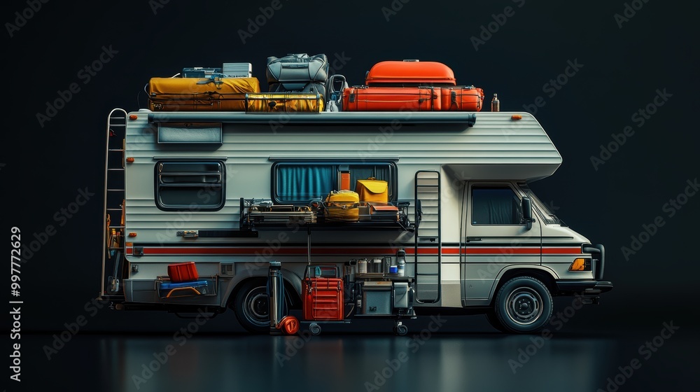 Fototapeta premium Photography of Camping Equipment of Traveler with Motorhome 16 pieces with vibrant colors on a black background. 3D render realistic. for stock photo.
