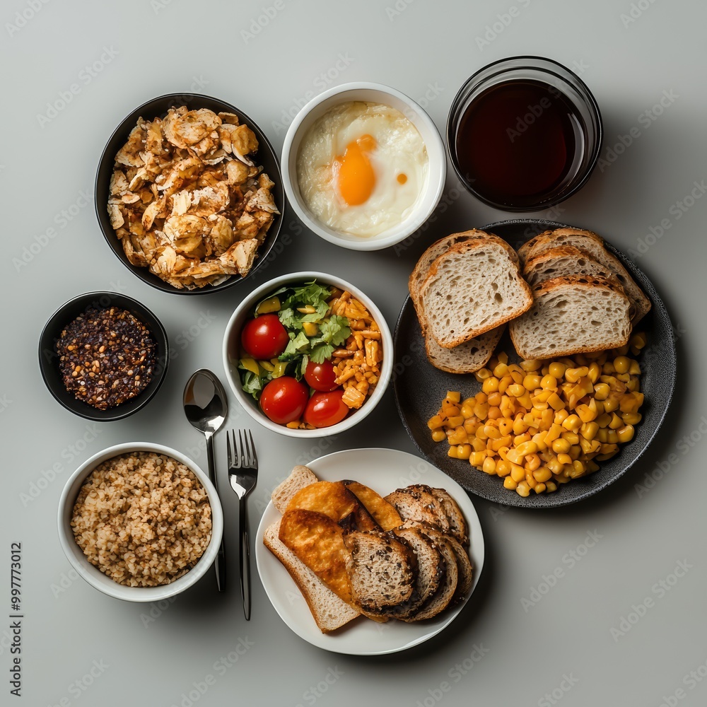 Hearty Breakfast Spread with Eggs, Toast, and Cereal Hearty Breakfast Spread with Eggs, Toast, and Cereal