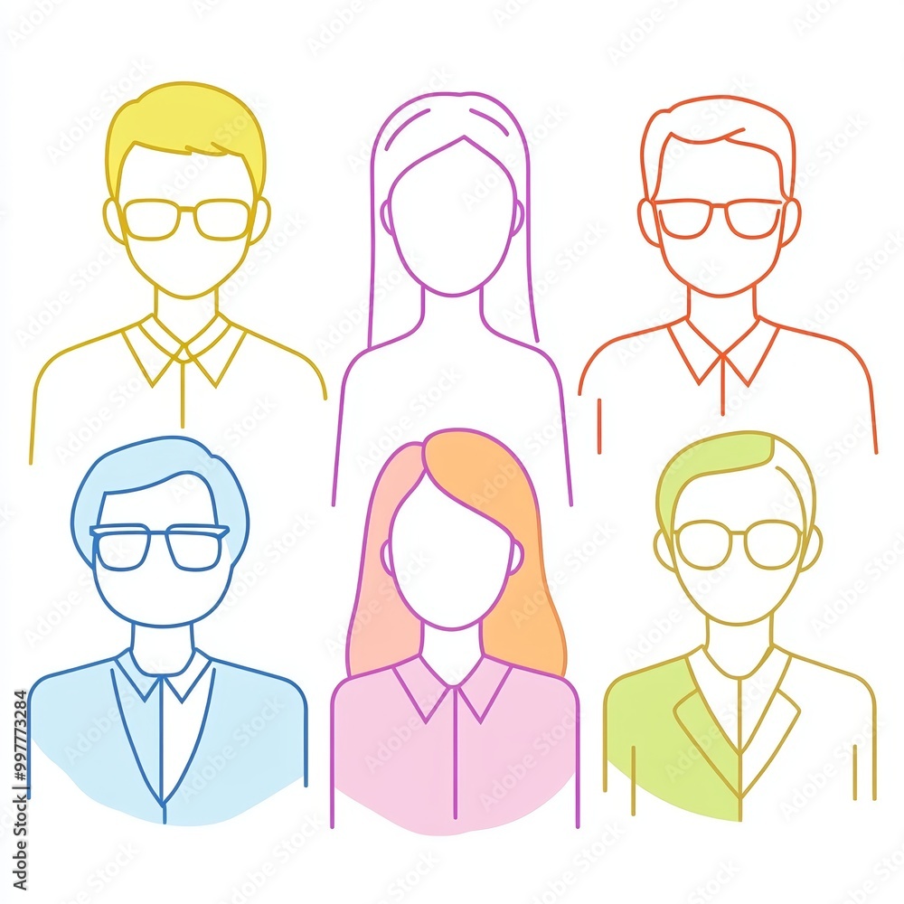 artwork features a simple line drawing of six diverse election candidates in pastel colors, set against a clean white background to emphasize their unique designs artwork features a simple line drawing of six diverse election candidates in pastel colors, set against a clean white background to emphasize their unique designs