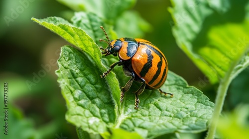 Colorado potato beetle eats green potato leaves closeup. Leptinotarsa decemlineata. Adult colorado beetle, pest invasion, parasite destroy potato plants, farm damage. Protecting plants concept