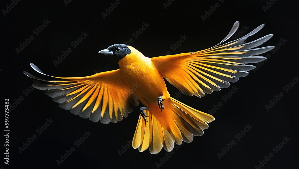 Obraz premium photo of an oriole bird in flight, wings spread wide and showing its vibrant yellow plumage