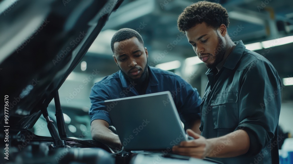 Two Mechanics Working on a Car and Using a Laptop Two Mechanics Working on a Car and Using a Laptop