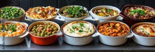 Assorted Casseroles and Side Dishes in Colorful Bowls