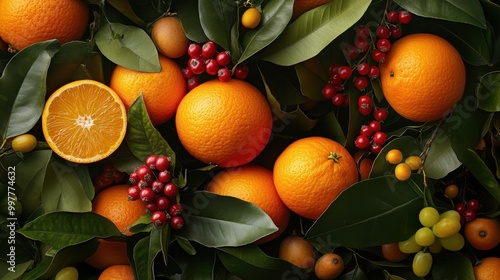 Bright arrangement of oranges and berries surrounded by leaves in a natural, artistic composition celebrating fresh produce