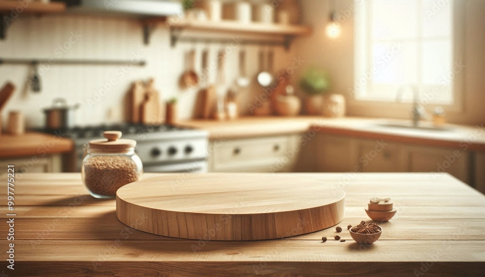 Empty wooden countertop on a kitchen blur background. Wood tabletop for product presentation. Empty wooden countertop on a kitchen blur background. Wood tabletop for product presentation.