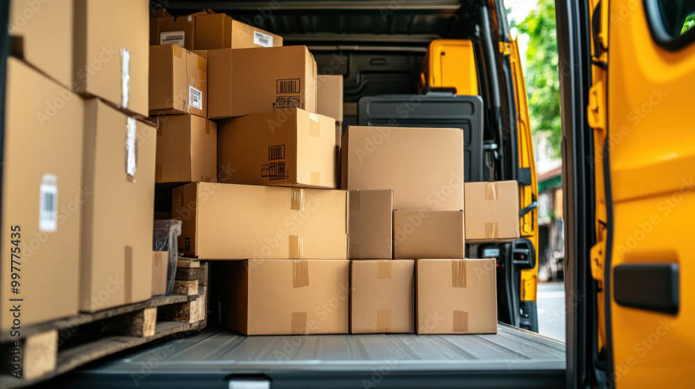 A cargo truck with its rear doors open, loaded with boxes for delivery, showcasing efficient loading and transport preparation A cargo truck with its rear doors open, loaded with boxes for delivery, showcasing efficient loading and transport preparation