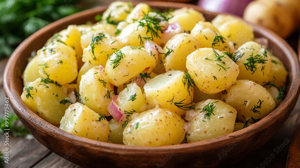 creamy homemade potato salad garnished with fresh dill, served in a simple, rustic setting. The vibrant green dill contrasts with the soft, smooth texture of the potatoes, symbolizing freshness and co creamy homemade potato salad garnished with fresh dill, served in a simple, rustic setting. The vibrant green dill contrasts with the soft, smooth texture of the potatoes, symbolizing freshness and co