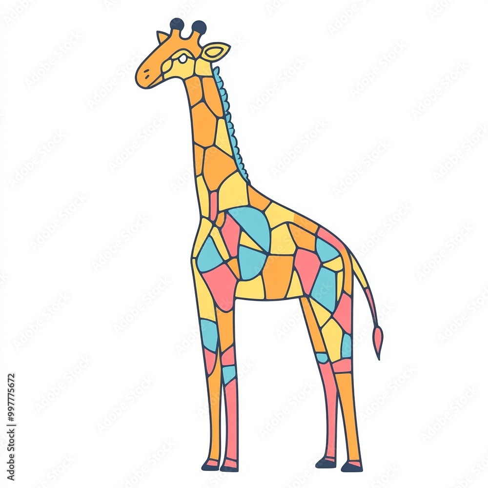 drawing features a cheerful giraffe depicted in a flat design style with various pastel hues, emphasizing a whimsical and artistic representation drawing features a cheerful giraffe depicted in a flat design style with various pastel hues, emphasizing a whimsical and artistic representation