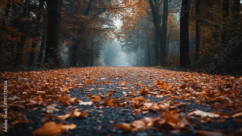 A Forest Path Covered in Fallen Autumn Leaves
