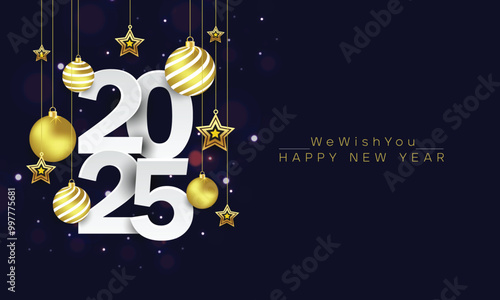 Happy new year 2025 background with hanging golden Christmas ball and star