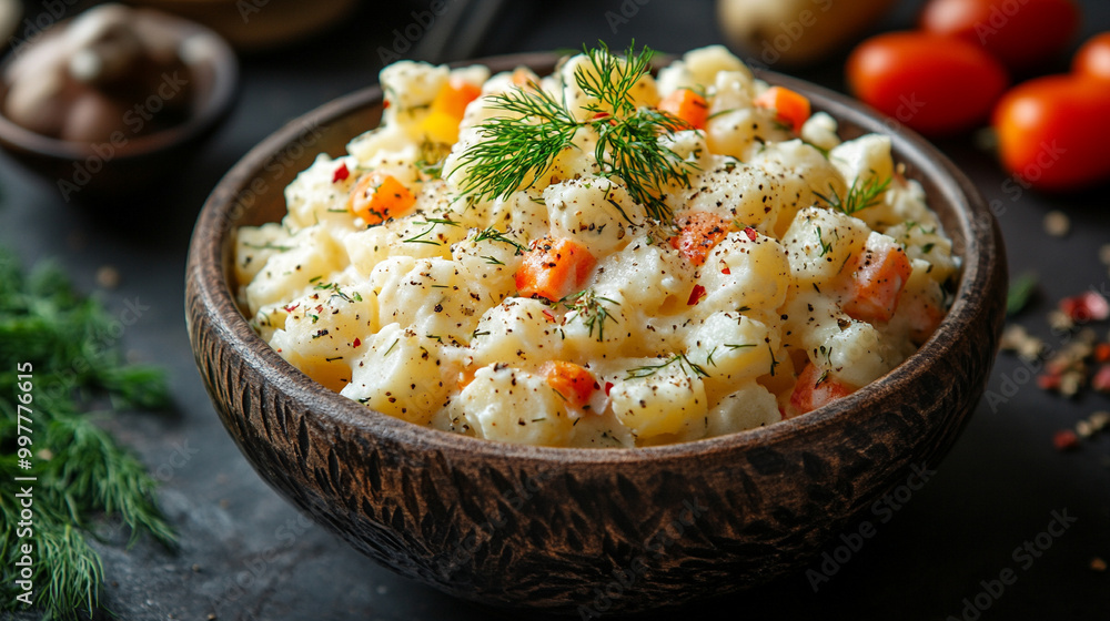 creamy homemade potato salad garnished with fresh dill, served in a simple, rustic setting. The vibrant green dill contrasts with the soft, smooth texture of the potatoes, symbolizing freshness and co creamy homemade potato salad garnished with fresh dill, served in a simple, rustic setting. The vibrant green dill contrasts with the soft, smooth texture of the potatoes, symbolizing freshness and co