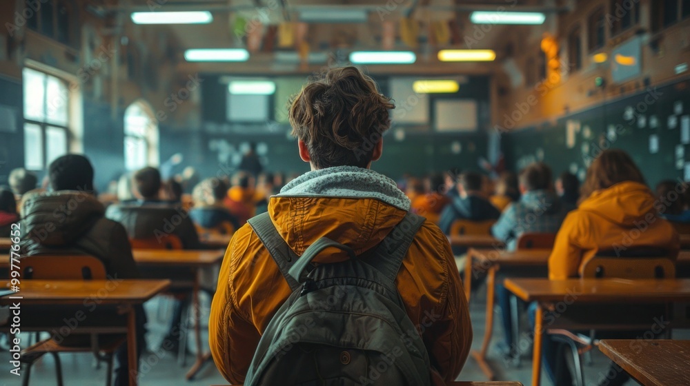 Exam Stress in Classroom: Teacher Invigilator Monitors Students Taking Admission Test for Education Concept Exam Stress in Classroom: Teacher Invigilator Monitors Students Taking Admission Test for Education Concept