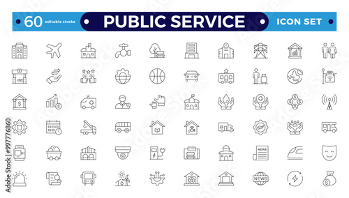 Public service Outline icon collection set. Containing policy, needs, community, government employee, public finance, interest, volunteer, Gas, electricity, and water. Editable stroke outline icon.
