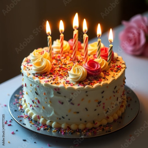 Birthday cake with colorful sprinkles and lit candles. Studio food photography for celebration. Birthday party and dessert concept