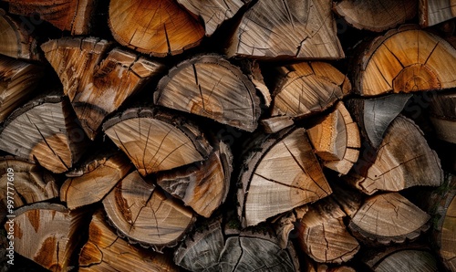 "Stacked firewood close-up with natural texture. Rustic woodpile background."