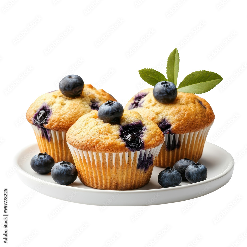 Blueberry muffins served on white plate, isolated to highlight their classic and appetizing presentation. cutout PNG Blueberry muffins served on white plate, isolated to highlight their classic and appetizing presentation. cutout PNG