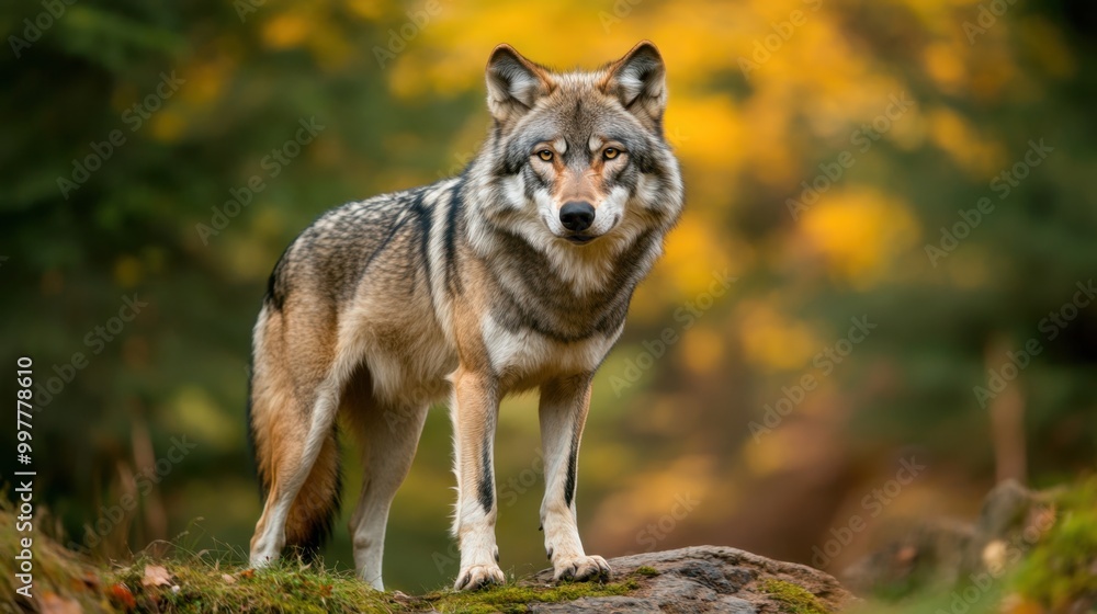 Close-up view of a gray wolf standing confidently in a natural wilderness background blending into the forest scenery Close-up view of a gray wolf standing confidently in a natural wilderness background blending into the forest scenery