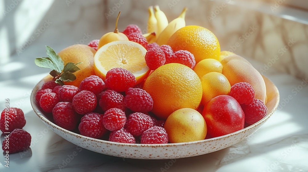 A bowl of fresh fruit including raspberries, lemons, oranges, peaches, and plums. A bowl of fresh fruit including raspberries, lemons, oranges, peaches, and plums.
