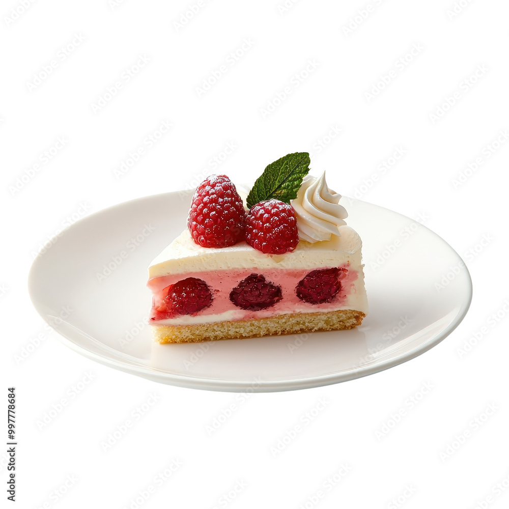 Raspberry cake served on a white plate, isolated to showcase its elegant presentation. cutout PNG Raspberry cake served on a white plate, isolated to showcase its elegant presentation. cutout PNG