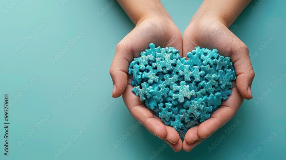 Joining Hearts for World Autism Awareness: Adult and Child Hands Hold Puzzle Heart on Light Blue Background - Top View Joining Hearts for World Autism Awareness: Adult and Child Hands Hold Puzzle Heart on Light Blue Background - Top View