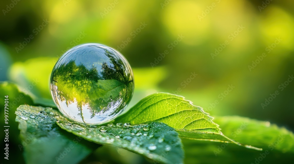 A crystal-clear glass globe gently resting on a vibrant green leaf, reflecting the surrounding natural environment A crystal-clear glass globe gently resting on a vibrant green leaf, reflecting the surrounding natural environment