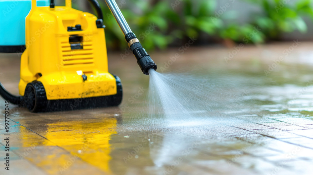 Pressure washer being used for deep cleaning a driveway, with water forcefully cleaning the surface Pressure washer being used for deep cleaning a driveway, with water forcefully cleaning the surface