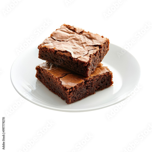 Brownies served on a white plate, isolated to emphasize their classic presentation and rich details. cutout PNG