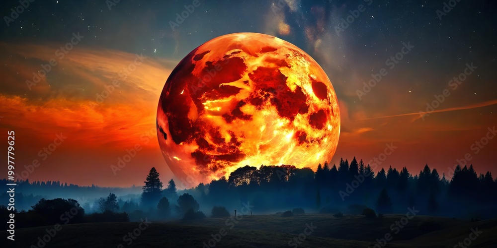 A breathtaking Blood Moon casts dramatic red and orange tones across the night sky, illuminating the silhouetted A breathtaking Blood Moon casts dramatic red and orange tones across the night sky, illuminating the silhouetted