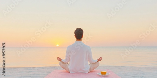 Wallpaper Mural Serenity at Sunrise Man Practicing Yoga on Beach with Smoothie Bowl Torontodigital.ca