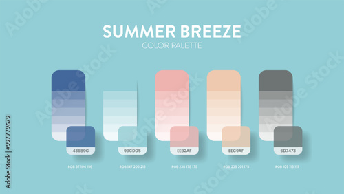 Color palette guide in Summer breeze colour theme collections. Color inspiration or chart with codes template. Color combination RGB. Colors swatches for graphic design, art, fashion, web or painting.