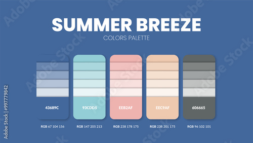 Color palette guide in Summer breeze colour theme collections. Color inspiration or chart with codes template. Color combination RGB. Colors swatches for graphic design, art, fashion, web or painting.