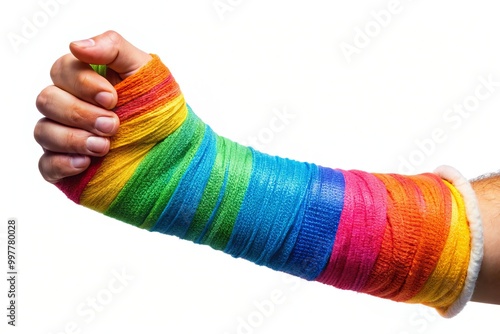A broken arm in a cast against a white background symbolizes medical treatment and healing, emphasizing the importance