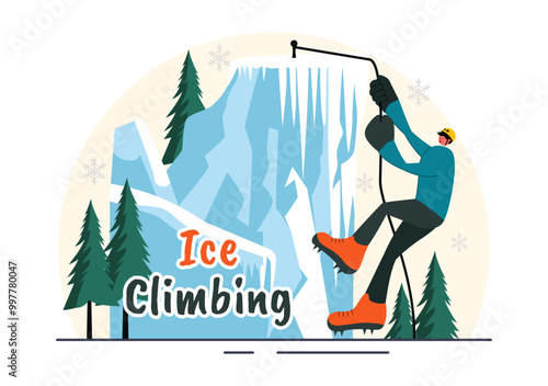 Ice Climbing Vector Illustration featuring a Climber Scaling an Ice Wall using Axes and Wearing Crampons with a Scenic Mountain backdrop Background