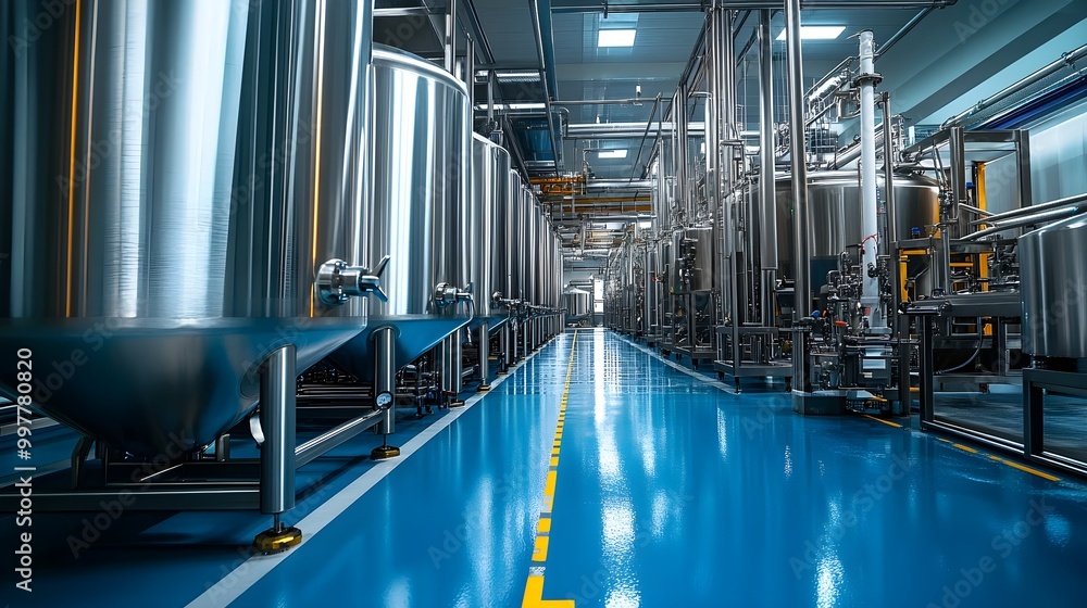 Obraz premium Stainless steel tank in a cutting-edge food processing facility, designed for maximum hygiene and efficiency, with meticulously arranged equipment in the background